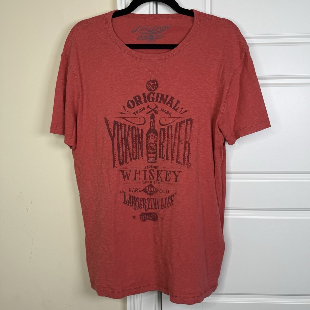 Lucky Brand Yukon River Whiskey T-Shirt Men's Medium Red Retro Loopwheel Style